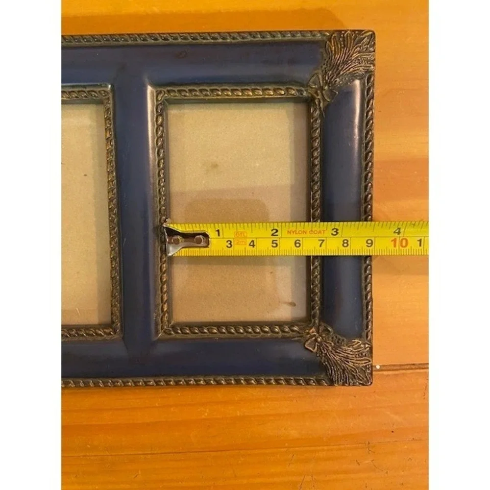 Vintage Blue and Gold Double Photo Frame 2-Opening Tabletop Wall Mount 8x6